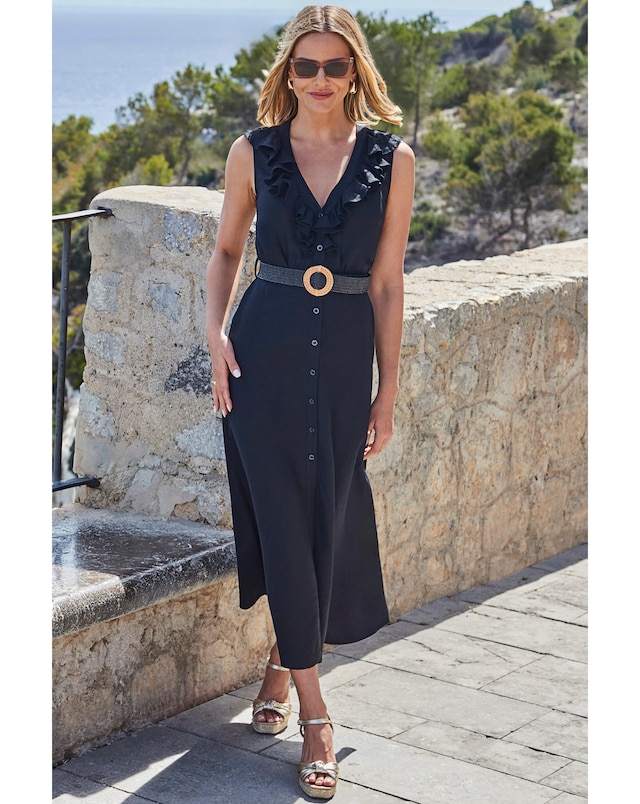 Sosandar Linen Blend Ruffle Detail Button Front Dress