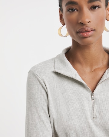 Pure Cotton Half Zip Long Sleeve Ribbed Top
