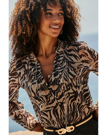 Sosandar Zebra Print Lurex Stripe Tie Neck Blouse