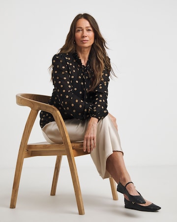 Black Ruched Sleeve Half Placket Tie Neck Top