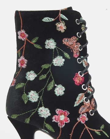 Joe Browns Black Velvet Embroidered Lace Up Bootie- Wide Fit (E)