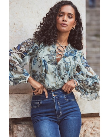 Sosandar Paisley Floral Print Metallic Stripe Blouse With Lace Up Detail