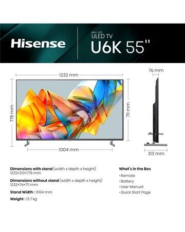 Hisense 55in 55U6KQTUK Smart 4K UHD HDR Mini-LED TV with Dolby Vision IQ