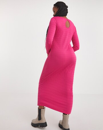 Pink Long Sleeve Textured Jersey Midi Dress