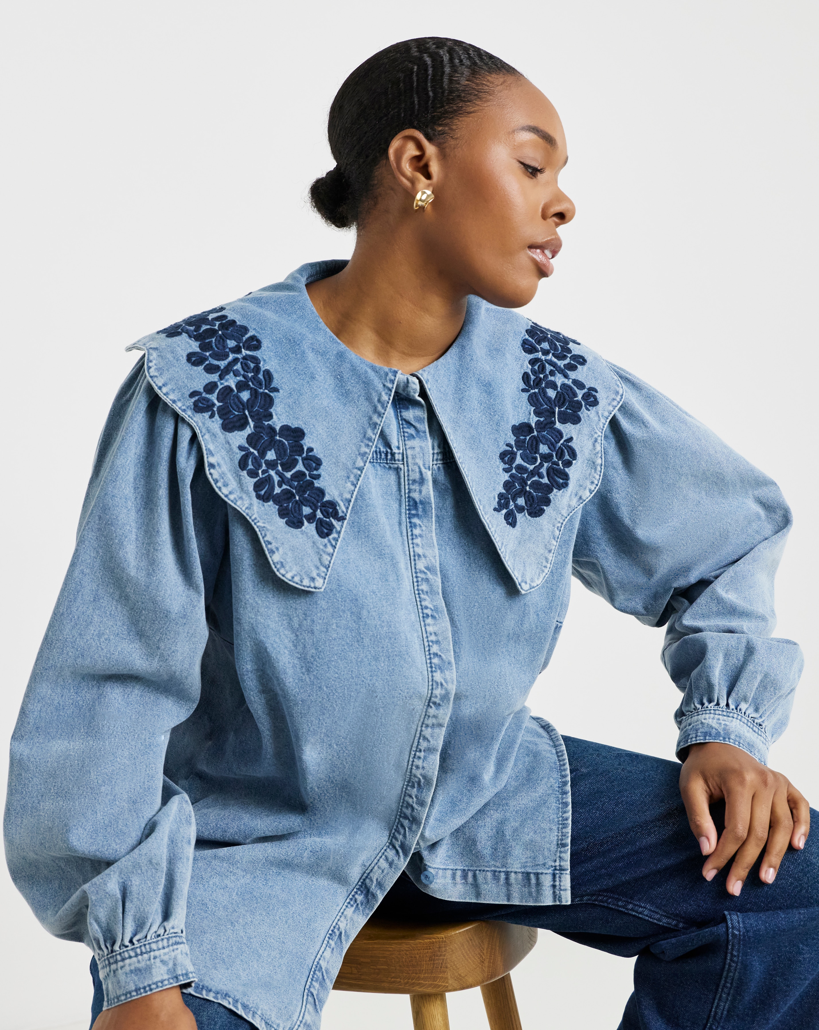 Simply Be Mid Wash Puff Sleeve Denim Blouse with Embroidered