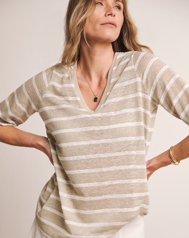 Anthology V-Neck Linen Mix T-Shirt - Sand