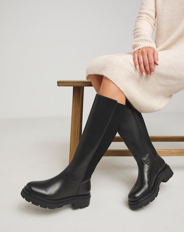 Ashleigh Leather Stretch Panel Flat Boots - Wide Fit (E) & Standard/Curvy Calf