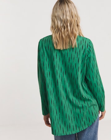 Green Print Longline Long Sleeve Curved Hem Top