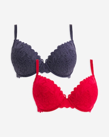 Pretty Secrets 2 Pack Daisy Lace Plunge Bras B-F - Grey/Red