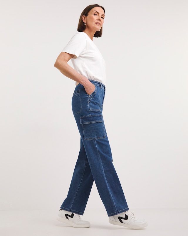 Mid Wash Cargo Straight Leg Jeans