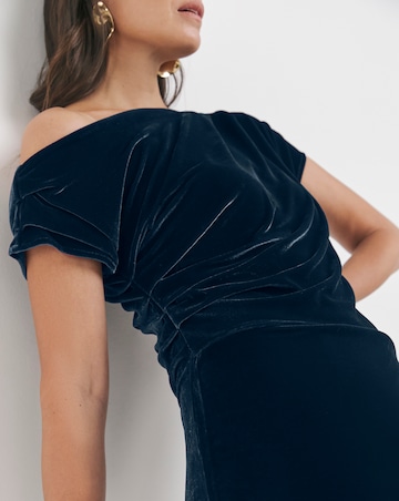 Velvet Asymmetric Neckline Midi Dress