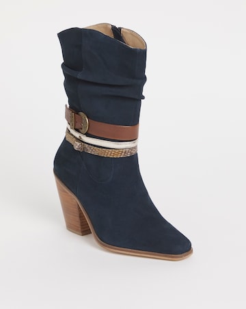 Joe Browns Navy Triple Strap Ruched Suede Cowboy Boot -Wide Fit (E)