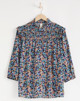 Anise Alyssa Multi Floral Three Quarter Sleeve Shirred Yoke Top