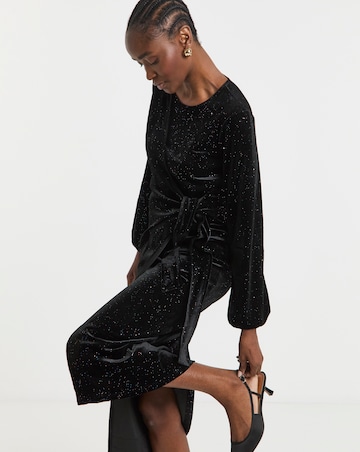Black Glitter Velour Wrap Midi Dress