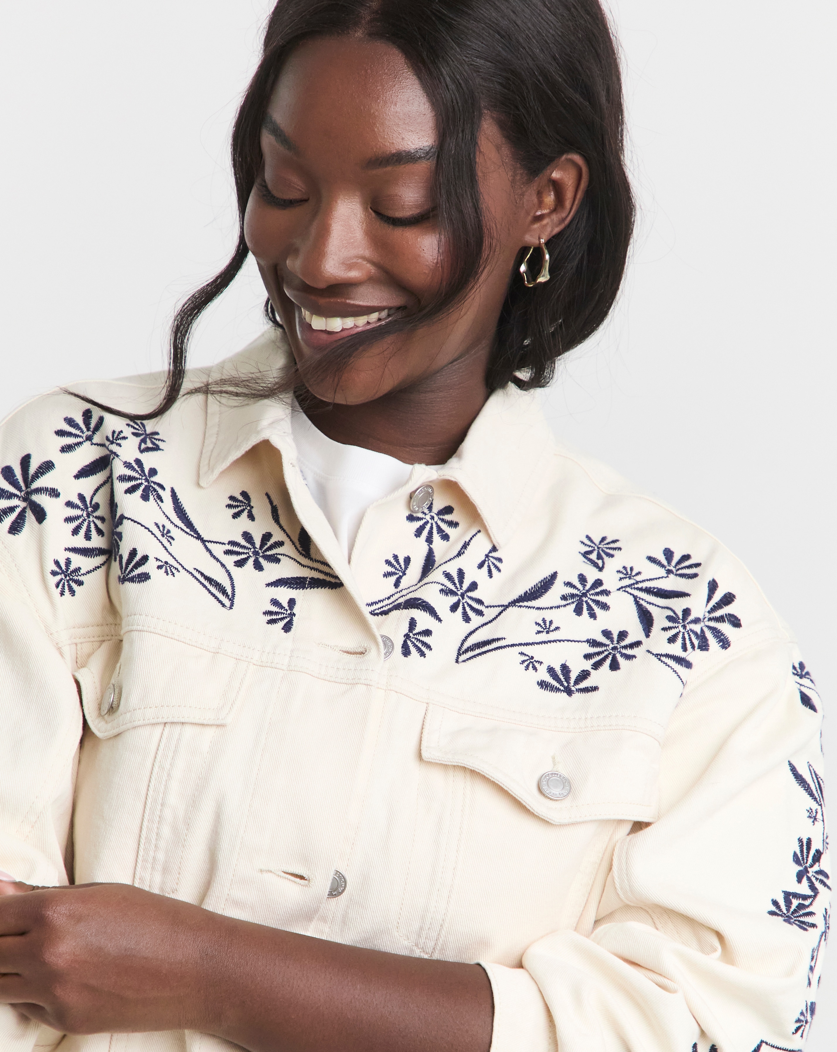 Simply Be Ecru Floral Embroidered Denim Boyfriend Jacket | JD Williams