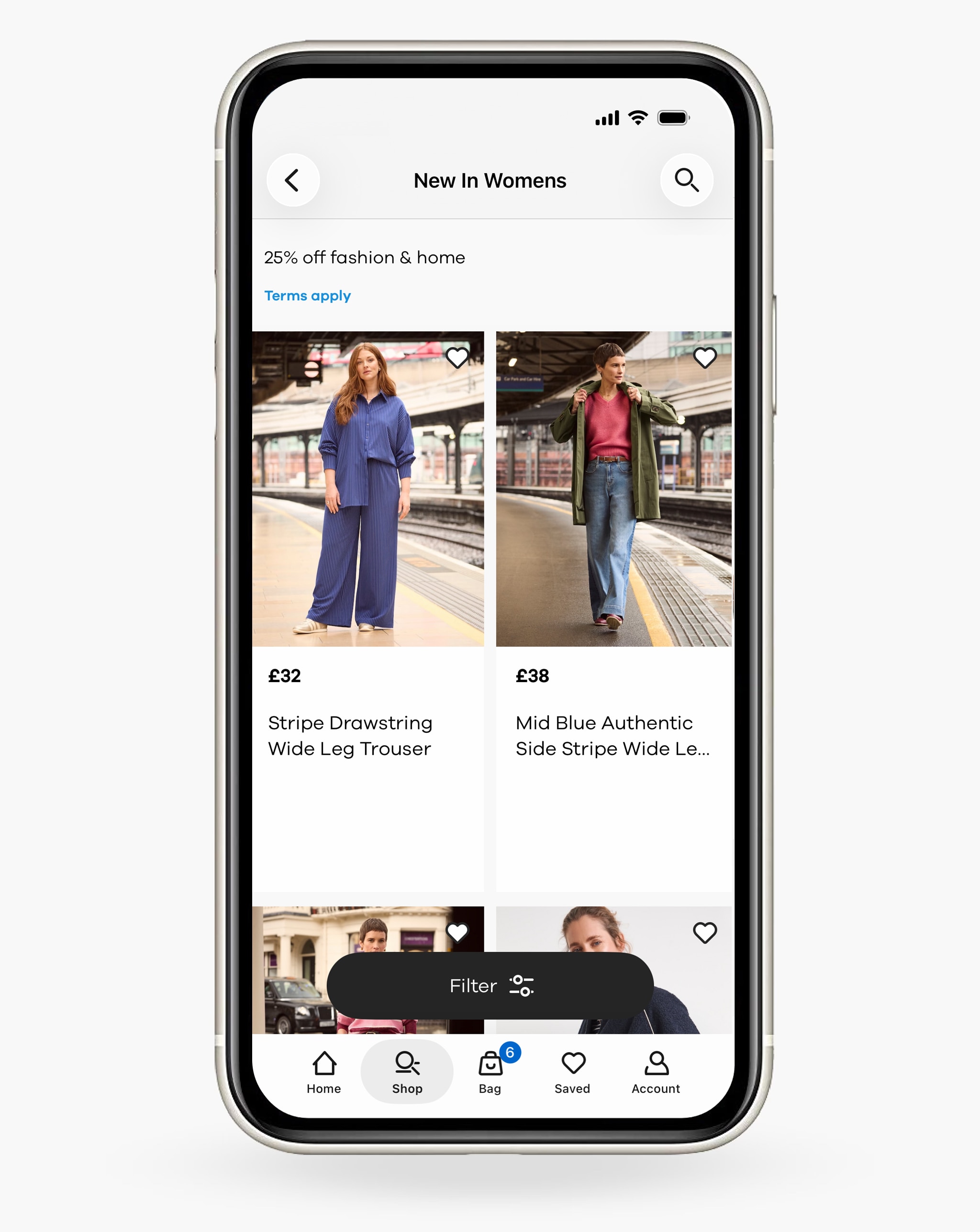 A mobile phone screen of a “new in” products page on the JD Williams app.