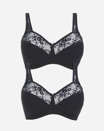 Pretty Secrets (2 Pack) Cotton Lace Non Wired Full Cup Bras B-G Black/Black