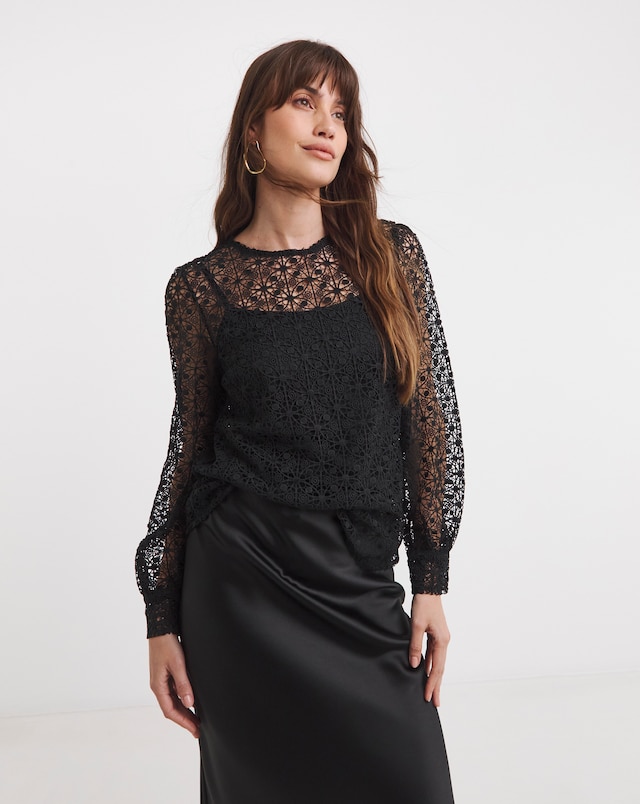 Black Volume Sleeve Lace Top
