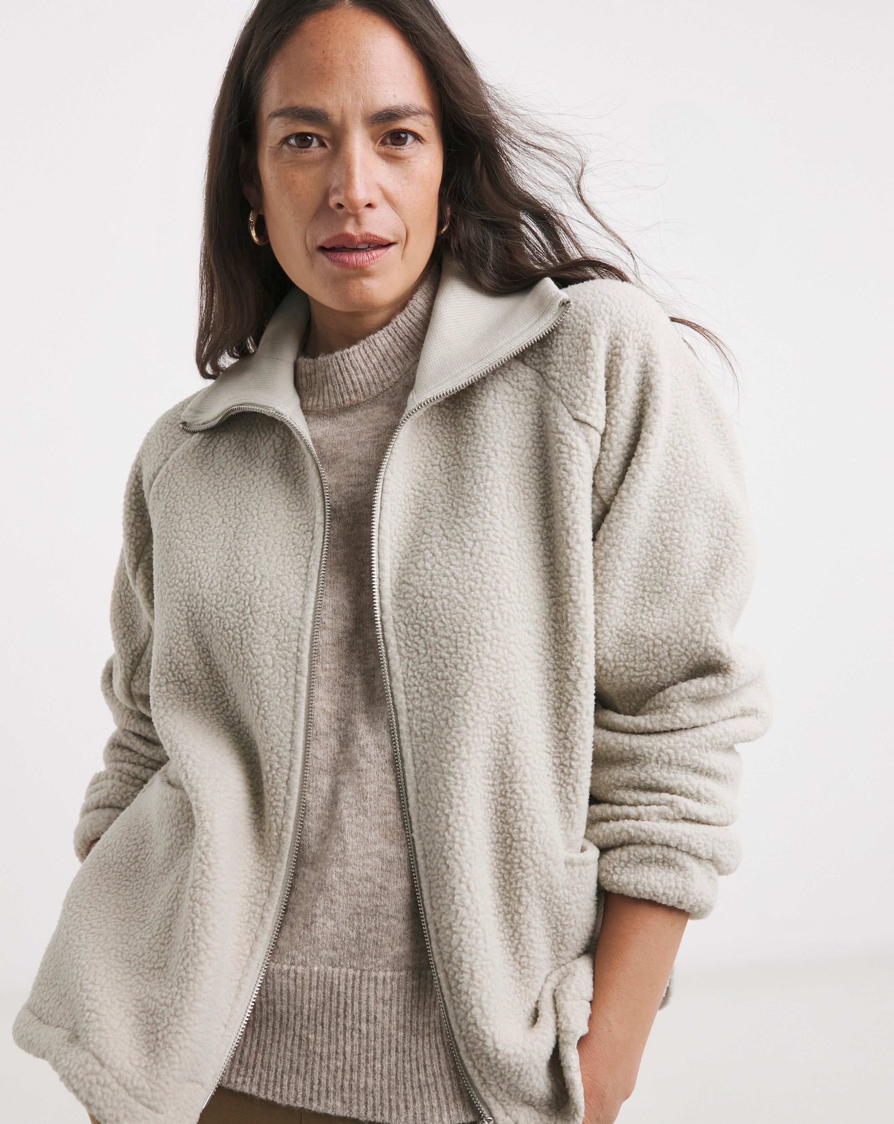 Cream Borg Longline Zip Up Jacket | JD Williams