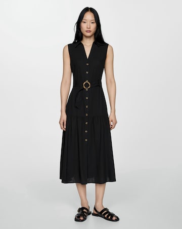 Mango Black Linen Belted Dress