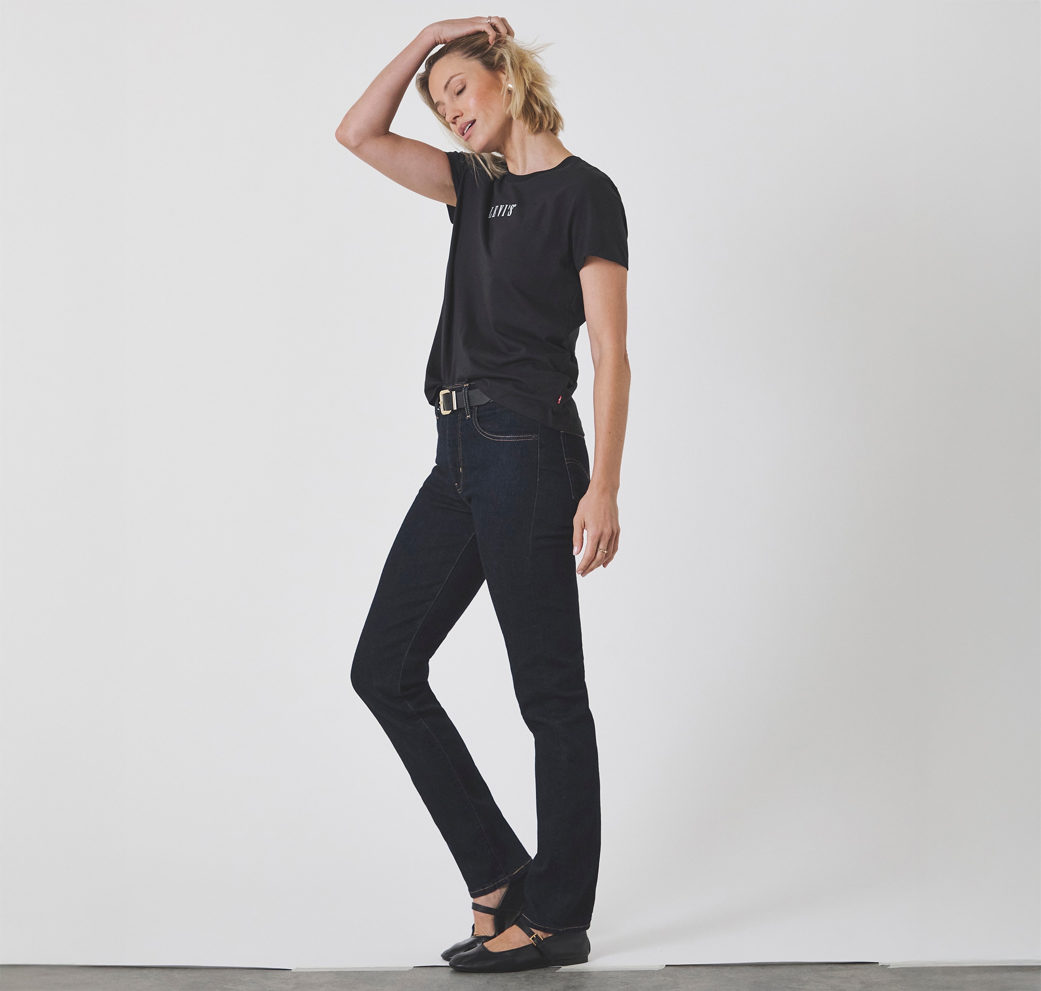 A lady wearing Levi's denim jeans