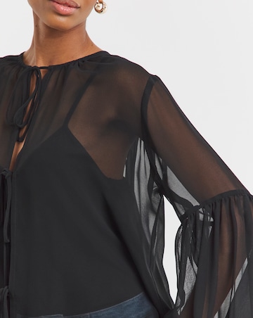 Womens Georgette Tie Detail Collarless Blouse - Black