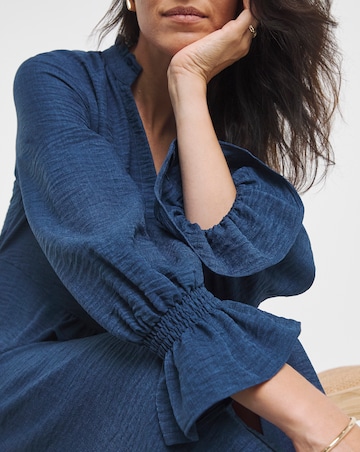 Collarless Placket Flared Sleeve Smock Dress