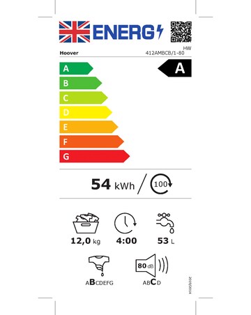 Hoover H-WASH 500 HW412AMBCB 12kg Washing Machine, 1400 spin, A rated, Black