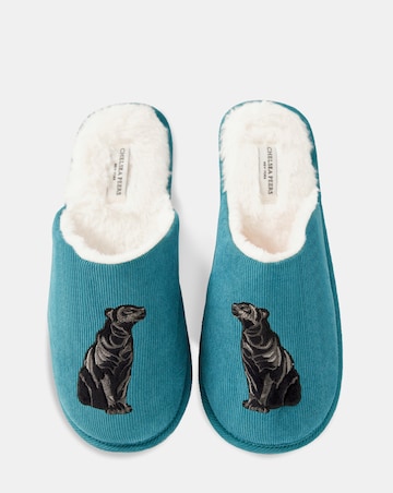 Chelsea Peers Embroidered Jaguar Corduroy Slippers