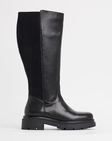 Ashleigh Leather Stretch Panel Flat Boots - Wide Fit (E) & Standard/Curvy Calf