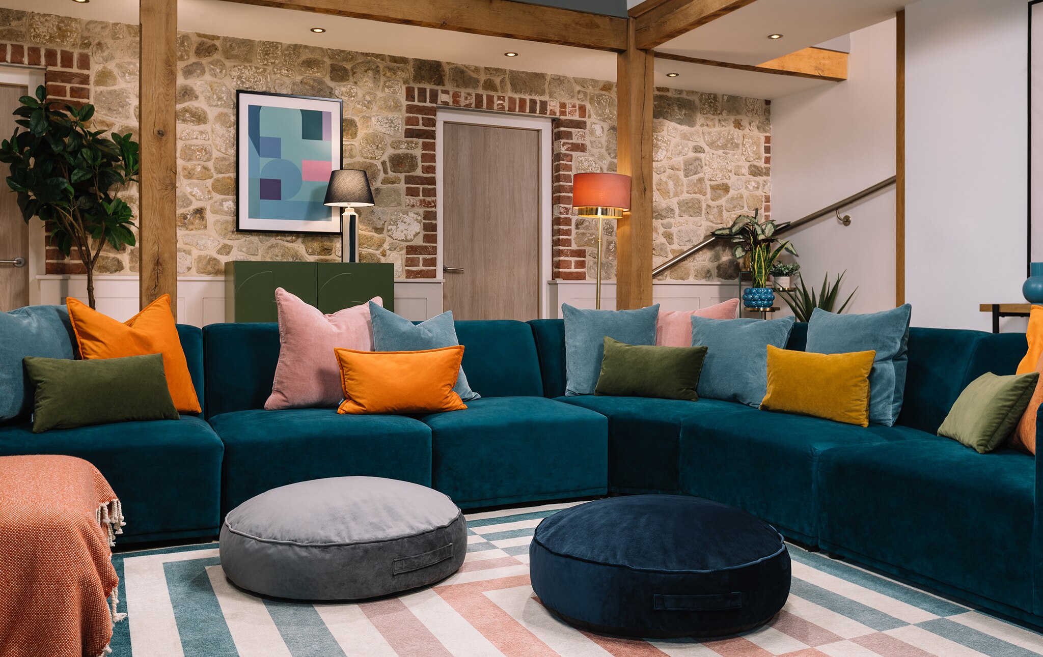 Lounge scene with a blue corner sofa