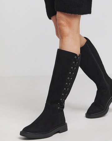 Farley Side Lace Up Flat Knee High Boots - Wide Fit (E) & Super Curvy Calf