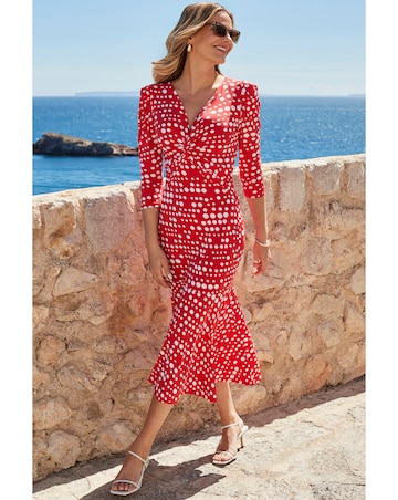 Sosandar Red Spot Print Twost Front Ruched Sleeve Fit and Flare Dress