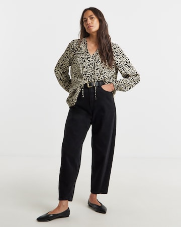 Tie Detail Ruched Long Sleeve Blouse - Mono Print