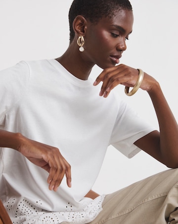 Pure Cotton White Short Sleeve Broderie Hem Top