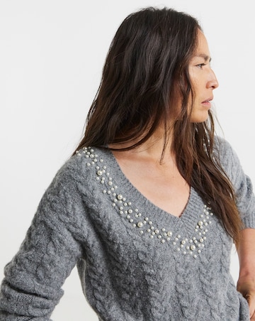 Grey V Neck Pearl Jumper