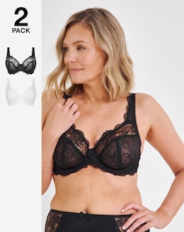 Pretty Secrets (2 Pack) Ella Lace Full Cup Wired Bras (B-J) Black/White