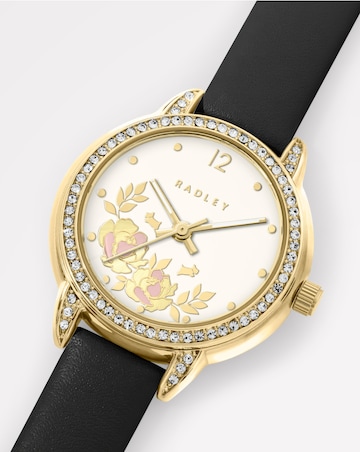 Radley Gold Plated Stone Set Black Leather Strap Watch