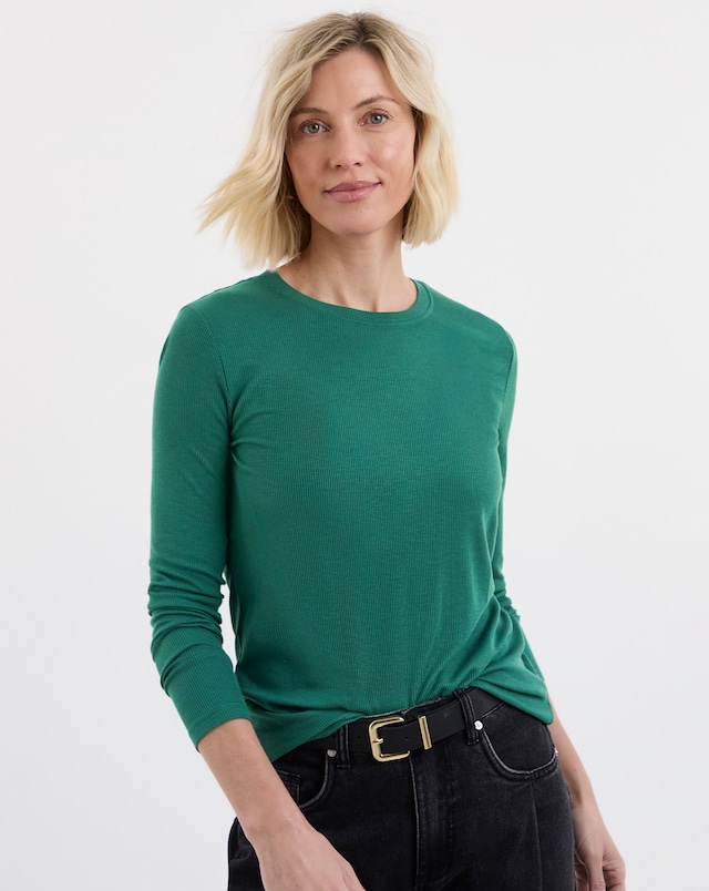 Green Ribbed Crew Neck Long Sleeve Top