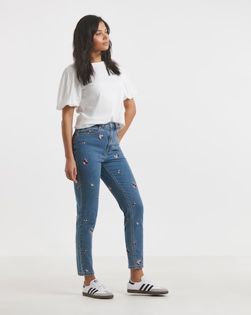 Simply Be Mid Blue Floral Embroidered Slim Mom Jeans