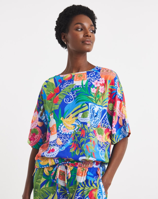 Multi Print Linen Mix Boxy Top