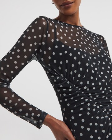 Spot Mesh Ruched Midi Dress