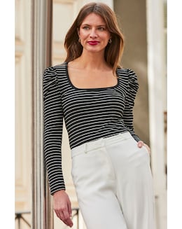 Sosandar Stripe Ruched Shoulder Top
