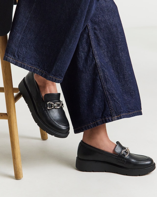 Heavenly Soles Paphos Low Wedge Loafers With Chain Trim - Wide Fit (E)