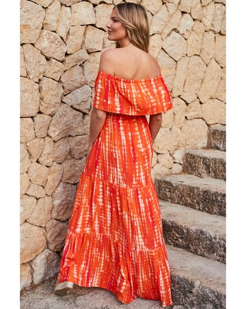 Sosandar Orange Tie Dye Tiered Hem Bardot Maxi Dress