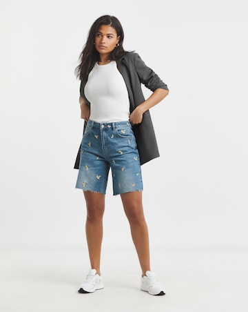 Simply Be Mid Blue Fruit Embroidered Denim Bermuda Short