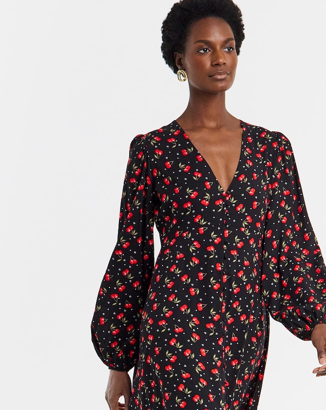 Cherry Print Button Through Tea Dress