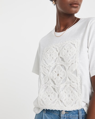 Pure Cotton White Crochet Placement T-shirt