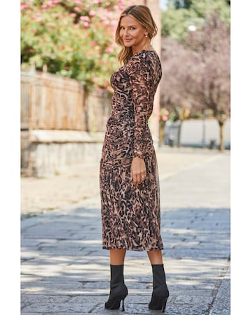 Sosandar Leopard Mesh Ruched Midi Dress