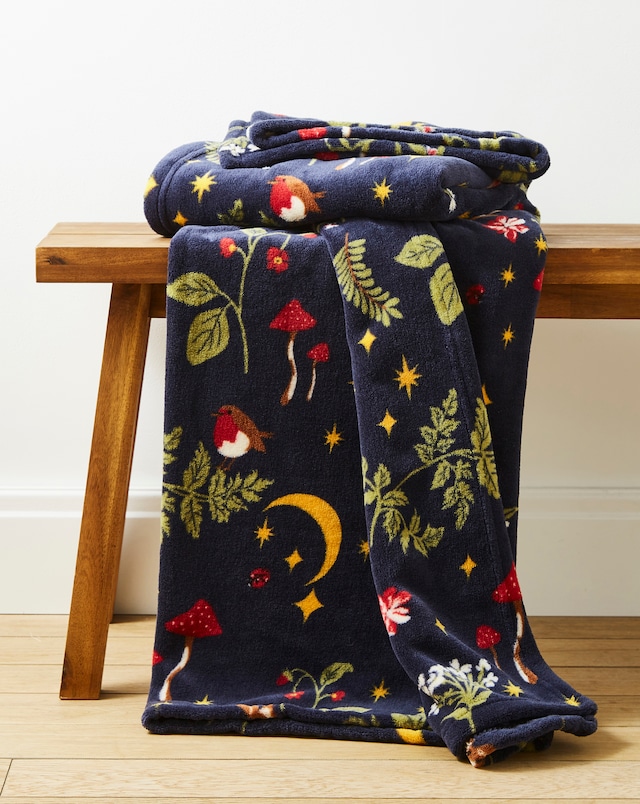 Woodland Animals Fleece Throw - Navy